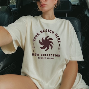 Ivory Comfort Colors 1717 T-Shirt Mockup, CC1717 Oversized Tee Selfie in Car, Front Print Area PSD JPEG Canva Digital Download