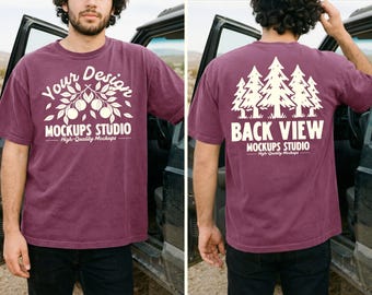 Berry Comfort Colors C1717 Front & Back Men T-Shirt Mockup | CC 1717 T-Shirt Mock-up | Outdoor Dual View Lifestyle Car PSD JPEG