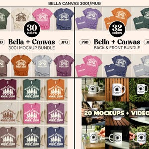 May include: A mockup bundle featuring various t-shirt designs in multiple colors, along with mugs. The image displays a variety of t-shirts in different colors, including green, pink, and blue. The text on the t-shirts reads "Your Design Mockups Studio".
