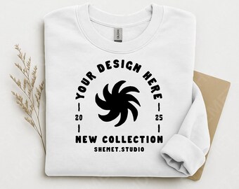 White Gildan 18000 Sweatshirt Flat Lay Mockup | G180 Crewneck Flat Lay Mock-up | PSD JPEG Digital Download for POD | Canva Mockup