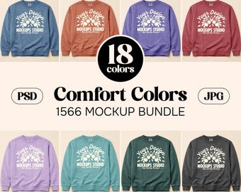 18X Comfort Colors C1566 Sweatshirt Mockup Bundle | C1566 Crewneck Flat Lay Unfolded Mock-Up | Set for Canva, Photoshop