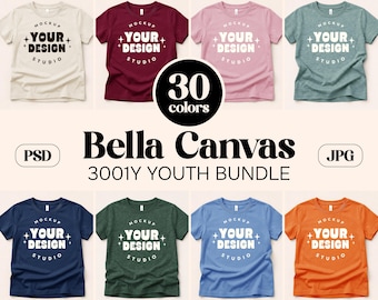 30X Bella Canvas 3001Y Youth Mockup Bundle | BC3001 Flat Lay Unfolded T-shirt Kids | Oversized Shirt Tee | Set for Canva, Photoshop