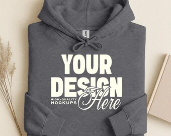 Dark Heather Gildan 18500 Folded Flat Lay Mockup, Hoodie Sweatshirt Mockup, Hooded Sweater Flatlay, Simple G185 Mock, White Background Mock