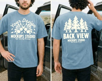 Ice Blue Comfort Colors C1717 Front & Back Men T-Shirt Mockup | CC 1717 T-Shirt Mock-up | Outdoor Dual View Lifestyle Car PSD JPEG