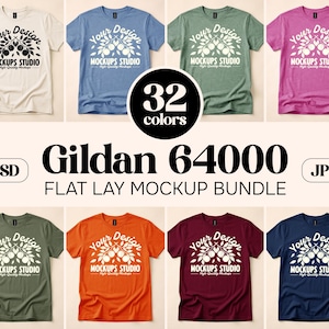 May include: A flat lay mockup bundle featuring various Gildan 64000 t-shirts in multiple colors. Each shirt displays a white graphic design with the text "Your Design" and "MOCKUPS STUDIO". The image includes the text "32 colors", "PSD", and "JPG".