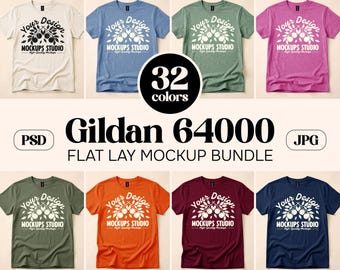 32X Gildan 64000 Flat Lay Unfolded T-shirt Mockup Bundle | G640 Shirt Mock-Up | Oversized Shirt Flat Lay Tee | Set for Canva, Photoshop
