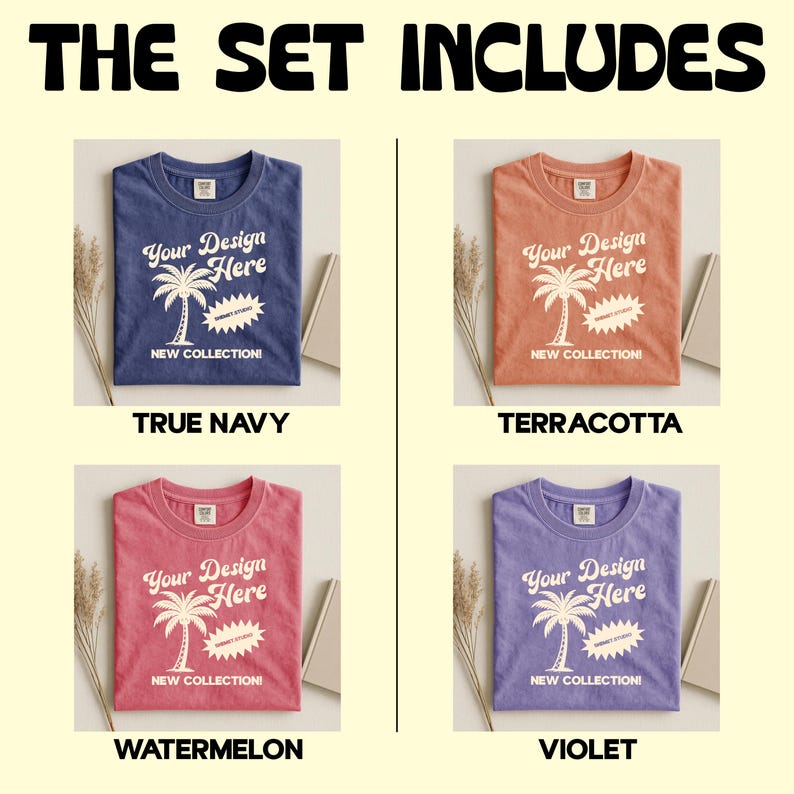 K&ouml;nnte beinhalten: Ein Set aus vier T-Shirts in den Farben Marineblau, Terrakotta, Wassermelone und Violett. Jedes Shirt zeigt den Text "Your Design Here" mit einer Palmen-Grafik und dem Text "NEW COLLECTION!".