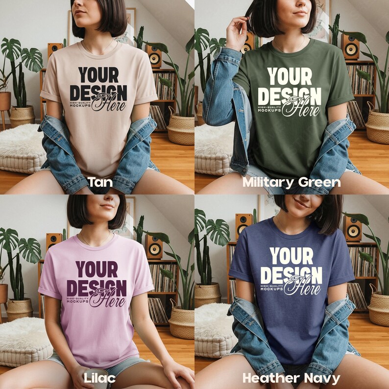May include: Four t-shirts in tan, military green, lilac, and heather navy. Each shirt has the text "YOUR DESIGN Here" in white. The shirts are short-sleeved and appear to be made of a soft material. The word "MOCKUPS" is also visible.