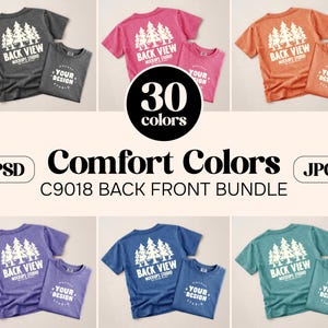 May include: A collection of t-shirts in various colors, including gray, pink, and orange. Each shirt features a graphic of trees on the back and the text "BACK VIEW MOCKUPS STUDIO." The smaller shirts have the text "YOUR DESIGN."