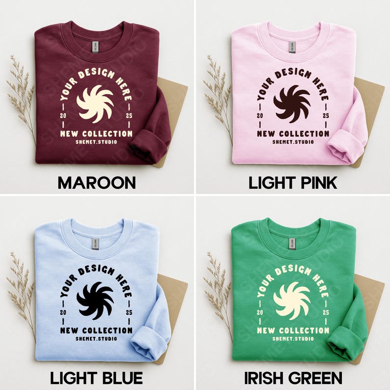 Puede incluir: Cuatro sudaderas de cuello redondo en borgo&ntilde;a, rosa claro, azul claro y verde irland&eacute;s. Cada sudadera presenta un dise&ntilde;o circular con el texto "YOUR DESIGN HERE" y "NEW COLLECTION SHEMET.STUDIO".