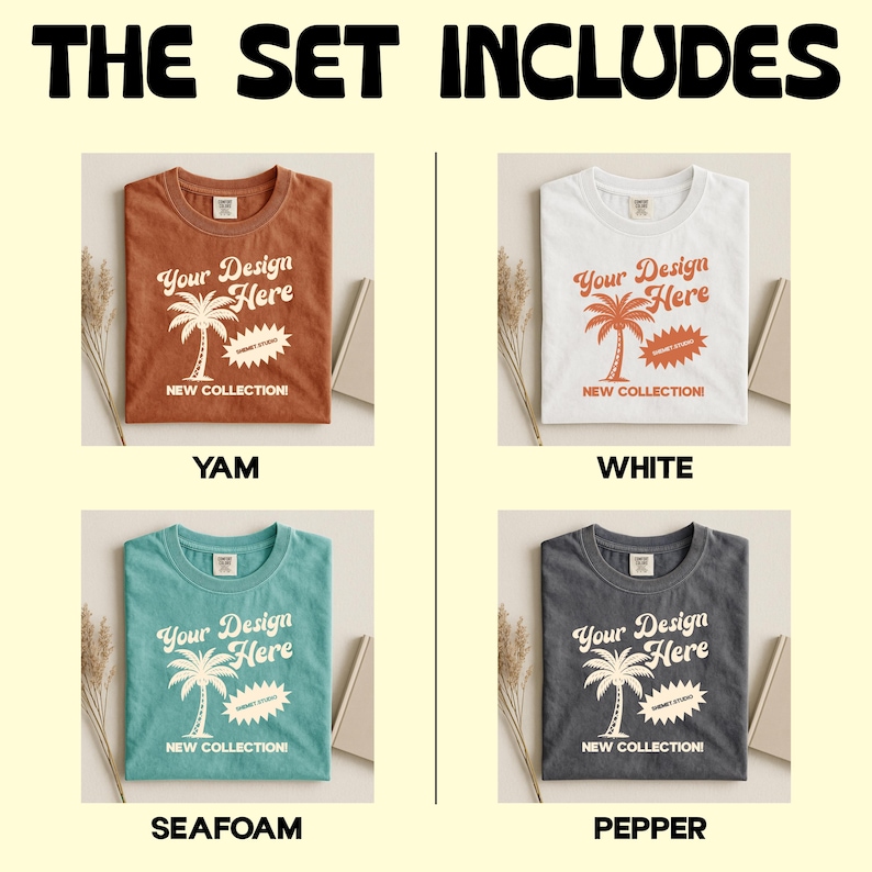 K&ouml;nnte beinhalten: Ein Set aus vier T-Shirts in den Farben Yam, Wei&szlig;, Seafoam und Pfeffer. Jedes Shirt zeigt eine Palmen-Grafik mit dem Text "Your Design Here" und "New Collection!" im Vintage-Stil.