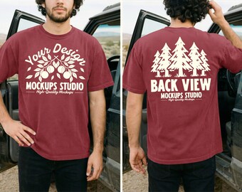 Brick Comfort Colors C1717 Front & Back Men T-Shirt Mockup | CC 1717 T-Shirt Mock-up | Outdoor Dual View Lifestyle Car PSD JPEG