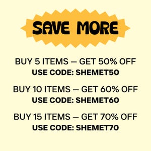 Puede incluir: Gr&aacute;fico promocional con el texto "SAVE MORE" en negro sobre una forma de estrella amarilla. Debajo, el texto ofrece descuentos: Compra 5 art&iacute;culos, obt&eacute;n un 50% de descuento; Compra 10 art&iacute;culos, obt&eacute;n un 60% de descuento; Compra 15 art&iacute;culos, obt&eacute;n un 70% de descuento.