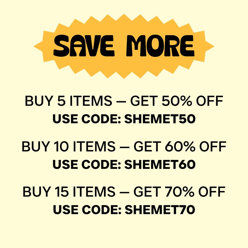 Puede incluir: Gr&aacute;fico promocional con el texto "SAVE MORE" en negro sobre una forma de estrella amarilla. Debajo, el texto ofrece descuentos: Compra 5 art&iacute;culos, obt&eacute;n un 50% de descuento; Compra 10 art&iacute;culos, obt&eacute;n un 60% de descuento; Compra 15 art&iacute;culos, obt&eacute;n un 70% de descuento.