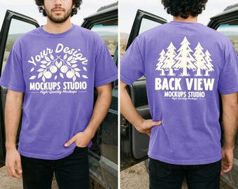 Violet Comfort Colors C1717 Front & Back Men T-Shirt Mockup | CC 1717 T-Shirt Mock-up | Outdoor Dual View Lifestyle Car PSD JPEG