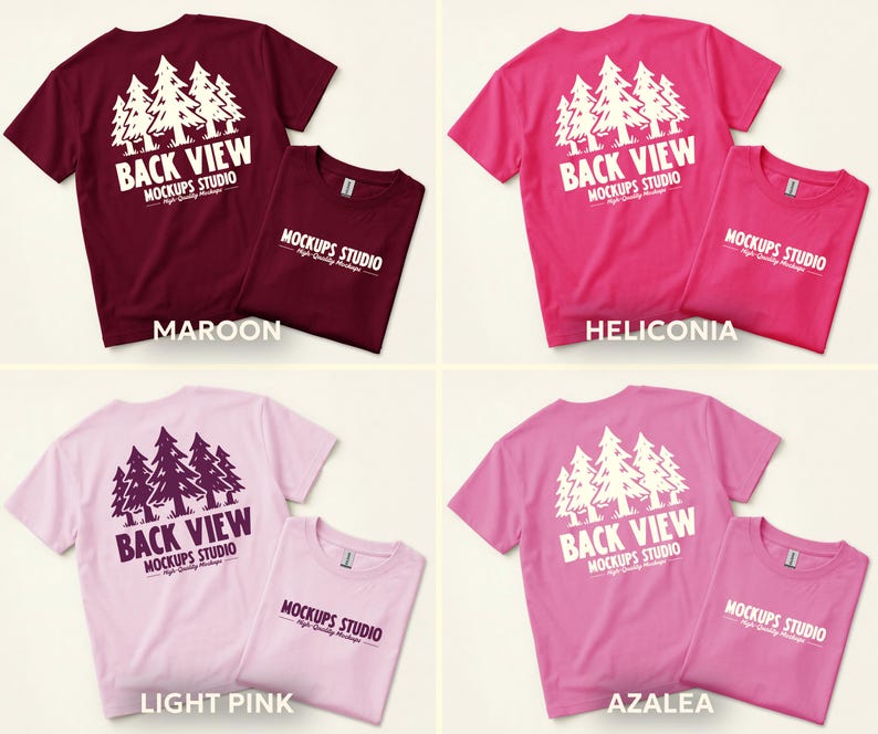 Peut inclure: Quatre t-shirts de couleurs diff&eacute;rentes : bordeaux, heliconia, rose clair et azal&eacute;e. Chaque t-shirt arbore un motif d'arbres blancs et le texte "BACK VIEW" et "MOCKUPS STUDIO". Les t-shirts sont pli&eacute;s et pr&eacute;sent&eacute;s ensemble.