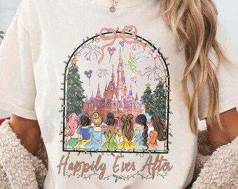 Maglietta Disney Princess Coquette con fiocchi e luci di Natale "E vissero tutti felici e contenti", maglietta per la festa di Natale di Topolino, regali di Natale Disneyland