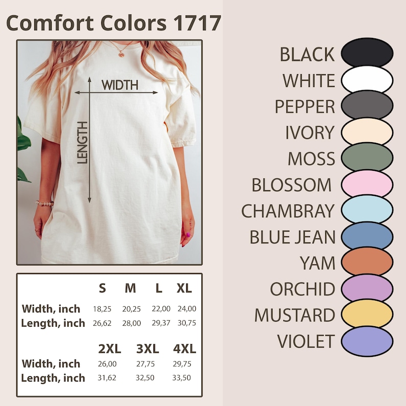May include: A cream-colored Comfort Colors 1717 t-shirt dress with short sleeves. The image includes a size chart with measurements in inches and a color palette featuring black, white, and other colors.
