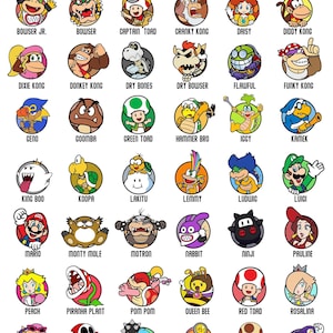 May include: A grid of circular character icons titled CHARACTER OPTIONS, featuring various colorful cartoon figures from the Mario franchise, including Baby Daisy, Bowser, Donkey Kong, Luigi, Mario, Peach, Toadette, and Yoshi with their names below.