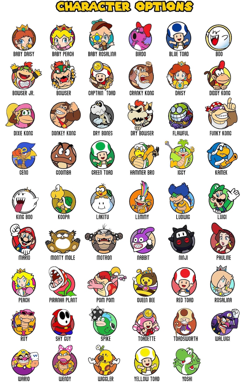 May include: A grid of circular character icons titled CHARACTER OPTIONS, featuring various colorful cartoon figures from the Mario franchise, including Baby Daisy, Bowser, Donkey Kong, Luigi, Mario, Peach, Toadette, and Yoshi with their names below.