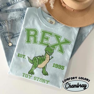 May include: Light blue t-shirt with a green graphic of the dinosaur Rex from Toy Story. The shirt has the word "REX" in large green letters, with "EST. 1995" and "TOY STORY" printed below the dinosaur.