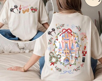 Disney Christmas Magic Castle Comfort Colors Shirt, Mickey Ear Xmas Shirt Coquette Bow Disney Christmas Disney Trip Shirt, Gift For Her