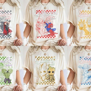 Rutig Disney Marvel Avengers-skjorta med alla karaktärer, Spiderman Iron Man-signaturfödelsedagspojke, födelsedagsflicka, Marvel-familjematchning bild 1