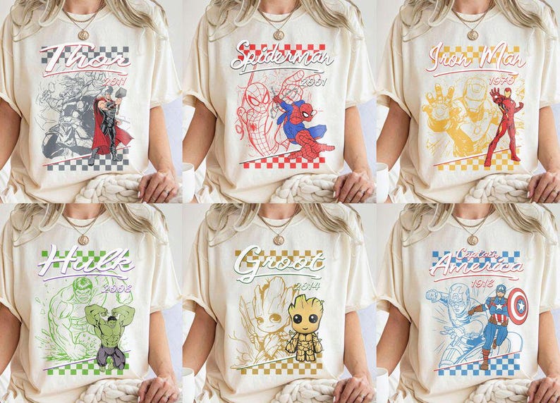 Rutig Disney Marvel Avengers-skjorta med alla karaktärer, Spiderman Iron Man-signaturfödelsedagspojke, födelsedagsflicka, Marvel-familjematchning bild 1
