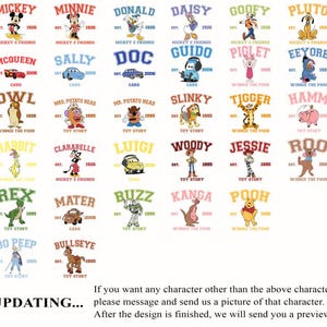 May include: A collection of cartoon character designs, including Mickey Mouse, Minnie Mouse, Donald Duck, and others. Each design features the character's name in a collegiate font, with the year of establishment and the character's image. The text "UPDATING..." is at the bottom.