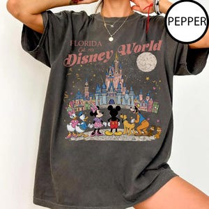 Puede incluir: Camiseta gris oscuro con un gr&aacute;fico colorido de Disney World en Florida. El dise&ntilde;o incluye el castillo de Disney World, fuegos artificiales y personajes de Disney, con el texto "Florida Disney World Est. 1971".