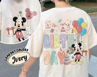Maglietta Disney Mickey Birthday Comfort Colors, regalo personalizzato di Topolino con palloncino, magliette per viaggio in famiglia a Disneyland, festeggiata