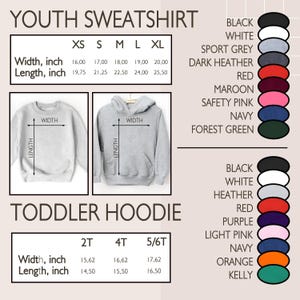 May include: A product listing image for youth sweatshirts and toddler hoodies. The image includes size charts with measurements in inches, color options, and examples of the sweatshirt and hoodie styles. The text includes "YOUTH SWEATSHIRT" and "TODDLER HOODIE".