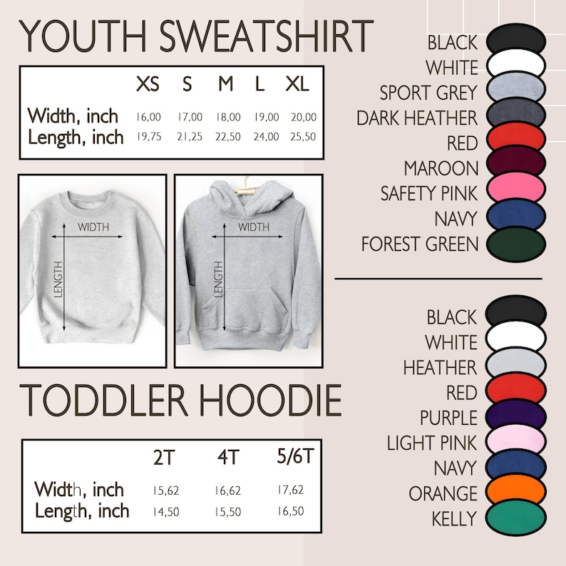 May include: A product listing image for youth sweatshirts and toddler hoodies. The image includes size charts with measurements in inches, color options, and examples of the sweatshirt and hoodie styles. The text includes "YOUTH SWEATSHIRT" and "TODDLER HOODIE".