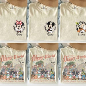 May include: Cream-coloured t-shirts featuring Disney characters Minnie Mouse, Mickey Mouse, and Goofy, each in a circular design with the word "Name" below. The bottom row shows shirts with a Disney World graphic.
