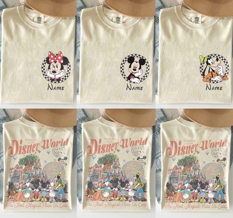 May include: Cream-coloured t-shirts featuring Disney characters Minnie Mouse, Mickey Mouse, and Goofy, each in a circular design with the word "Name" below. The bottom row shows shirts with a Disney World graphic.