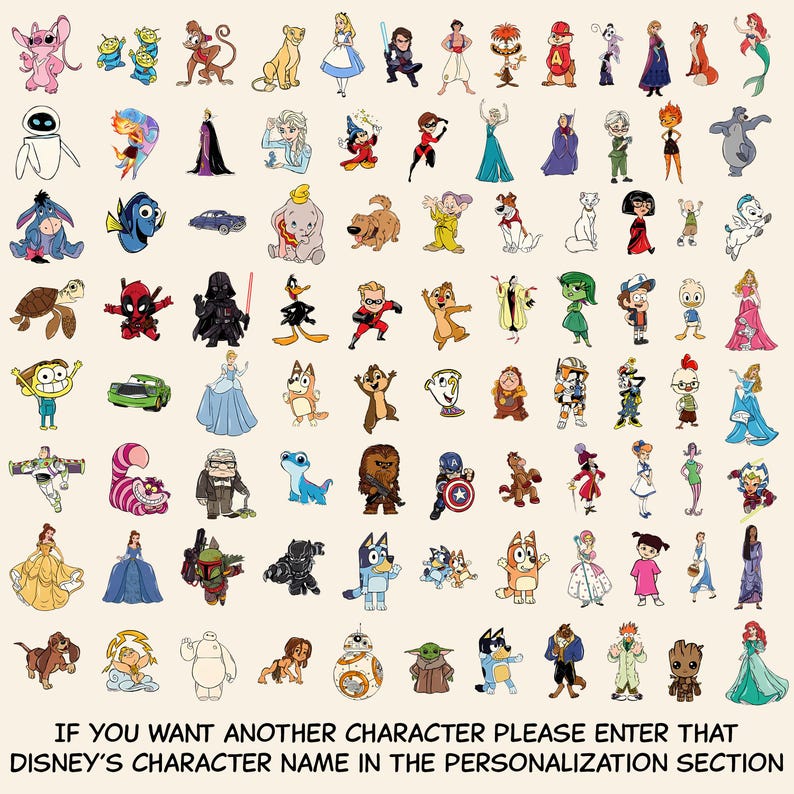 Puede incluir: Una colecci&oacute;n de ilustraciones de personajes de Disney, incluyendo a Stitch, Elsa y Darth Vader. La imagen presenta una variedad de personajes de diferentes pel&iacute;culas de Disney. El texto en la parte inferior dice: SI QUIERES OTRO PERSONAJE, POR FAVOR, INTRODUCE EL NOMBRE DEL PERSONAJE DE DISNEY EN LA SECCI&Oacute;N DE PERSONALIZACI&Oacute;N.
