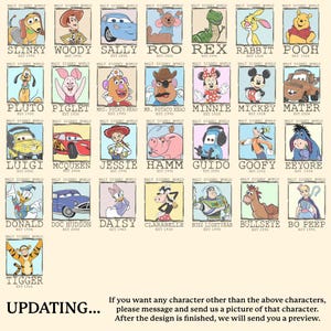 Puede incluir: Una cuadr&iacute;cula de ilustraciones de personajes de Disney, incluyendo a Slinky, Woody, Sally, Roo, Rex, Rabbit, Pooh, Pluto, Piglet, Sra. Cara de Papa, Sr. Cara de Papa, Minnie, Mickey, Mater, Luigi, McQueen, Jessie, Hamm, Guido, Goofy, Eeyore, Donald, Doc Hudson, Daisy, Clarabelle, Buzz Lightyear, Bullseye, Bo Peep y Tigger.