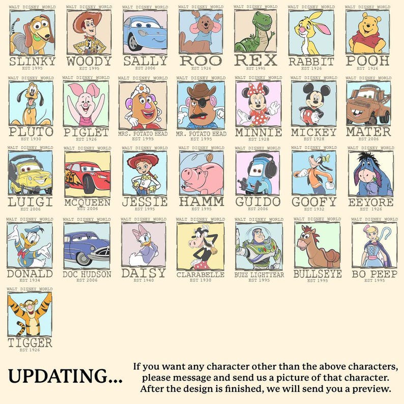 Puede incluir: Una cuadr&iacute;cula de ilustraciones de personajes de Disney, incluyendo a Slinky, Woody, Sally, Roo, Rex, Rabbit, Pooh, Pluto, Piglet, Sra. Cara de Papa, Sr. Cara de Papa, Minnie, Mickey, Mater, Luigi, McQueen, Jessie, Hamm, Guido, Goofy, Eeyore, Donald, Doc Hudson, Daisy, Clarabelle, Buzz Lightyear, Bullseye, Bo Peep y Tigger.