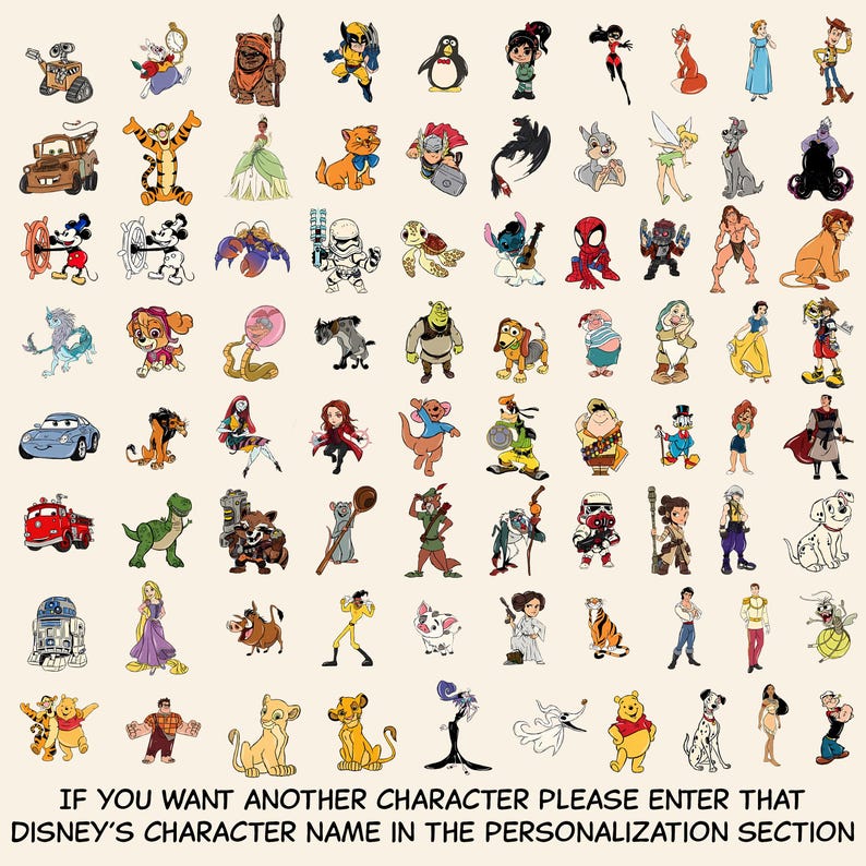 Puede incluir: Una colecci&oacute;n de ilustraciones de personajes de dibujos animados, incluidos personajes de Disney, dispuestas sobre un fondo beige claro. La imagen incluye personajes de varias pel&iacute;culas y series de televisi&oacute;n animadas. Texto en la parte inferior para personalizaci&oacute;n.