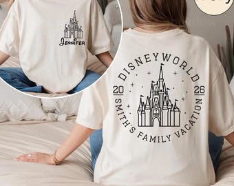 Magliette personalizzate per le vacanze in famiglia Disney 2026, magliette personalizzate del castello di Topolino, maglietta per le vacanze in famiglia a Disneyland, maglietta per le vacanze in famiglia a Disneyworld