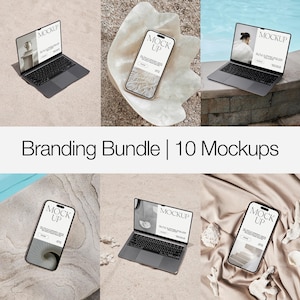 Paquete de 10 maquetas para Photoshop, maquetas de MacBook, maquetas de portátiles, maquetas de iPhone, maquetas de teléfonos, estética minimalista de playa de verano, producto digital