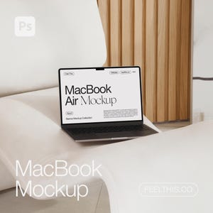 MacBook Mockup, Laptop Mockup, eBook Mockup, Modern MacBook Mockup, Aesthetic MacBook Mockup, Realistic Device Mockup PSD, Beige Couch