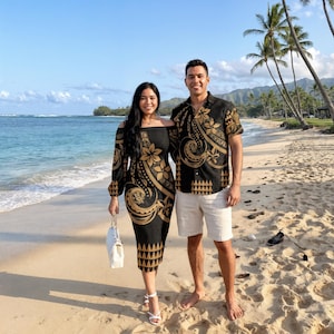 Hawaiian Couples Matching Outfits, Kakau Polynesian Matching Set Gold, Long Sleeve Maxi Dress and Hawaiian Shirt, Tropical Beachwear