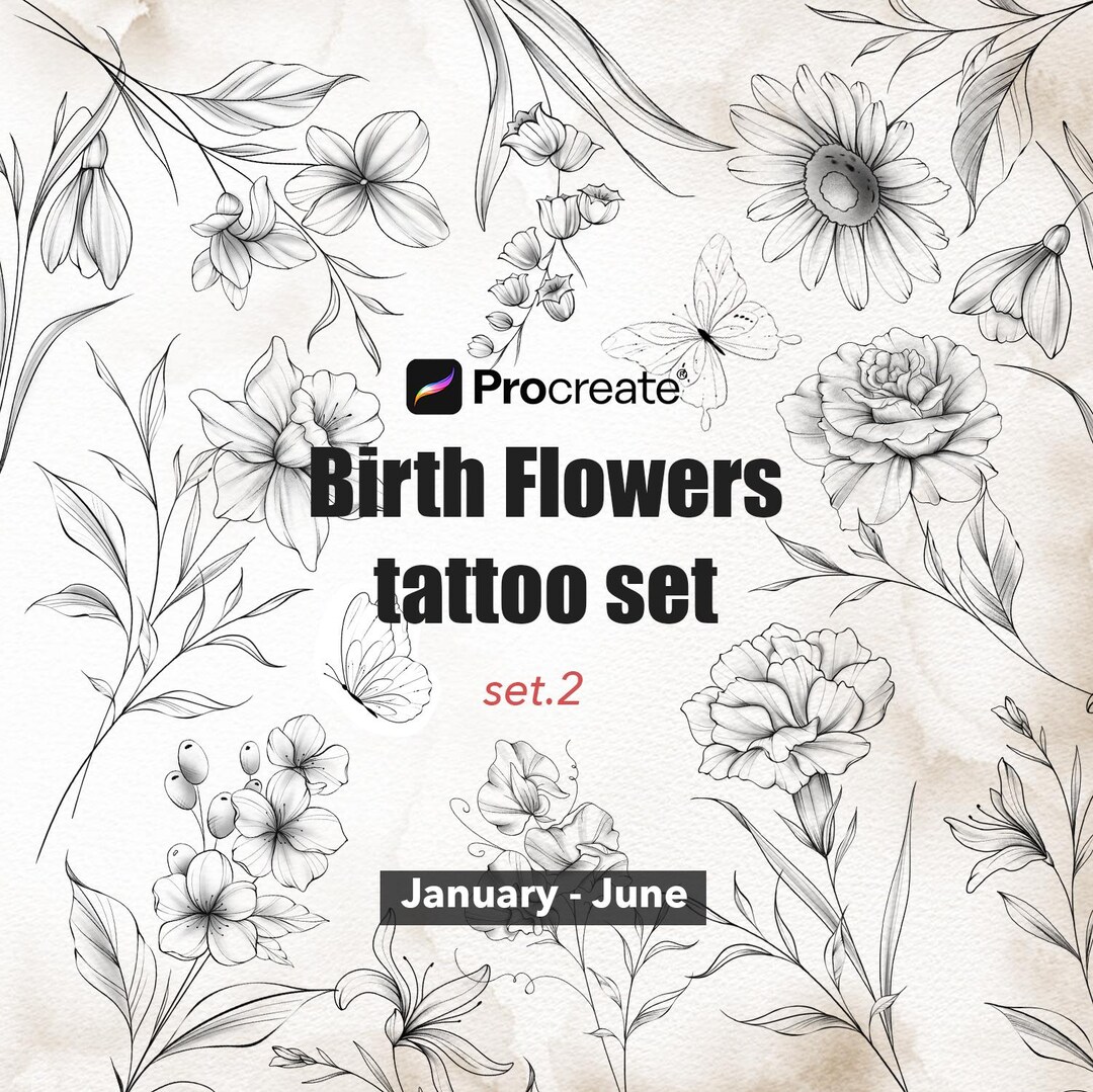 Birth Month Flowers Procreate Stamps: Fine Line Flower Tattoo Brush Set ...