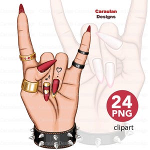 Signe de roche de main, clipart de manucure, geste de roche de main de femme, main féminine de geste de cornes de diable avec de beaux ongles, logo de technologie d'ongle, signe en métal