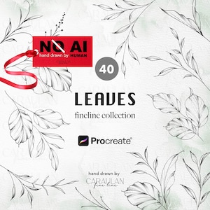 Può includere: Una collezione digitale di 40 illustrazioni di foglie a tratto fine per Procreate. L'immagine presenta disegni botanici in stile inchiostro nero su sfondo chiaro, un'etichetta rossa con il testo NO AI hand drawn by HUMAN e il logo Procreate.