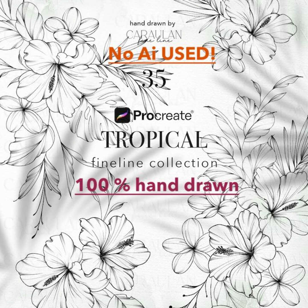 Tropical Procreate Stamps: Fine Line Floral Tattoo Brush Set (35 Stamps ...