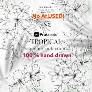 Tropical Procreate Stamps: Set di pennelli per tatuaggi floreali a linee sottili (35 timbri) (download digitale)
