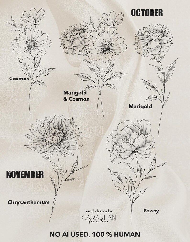Birth Month Flowers Procreate Stamps: Fine Line Flower Tattoo Brush Set ...