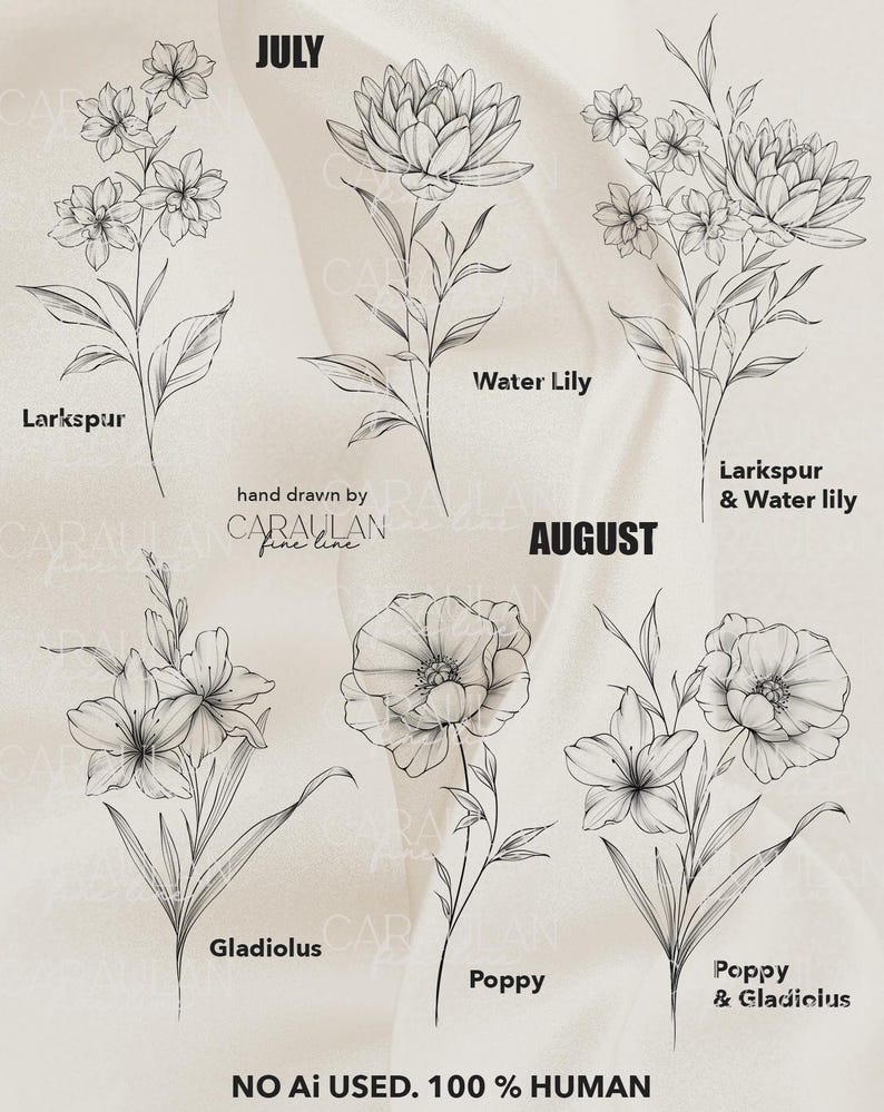 Birth Month Flowers Procreate Stamps: Fine Line Flower Tattoo Brush Set ...